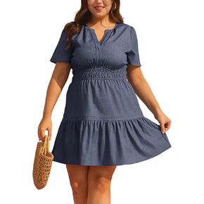 Women's Plus Size Denim Dress Short Sleeve V Neck Maxi Dress Ruffle Hem Boho Casual Jean Dresses in Kuwait