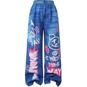 WDIRARA Girl's Cartoon Graphic Baggy Jeans Cute Elastic Waist Wide Leg Denim Pants in Kuwait