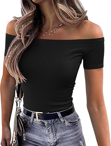 Sexy Off The Shoulder Tops for Women Summer Short Sleeve Shirts Ribbed Slim Fitted Trendy Going Out Tops in Kuwait