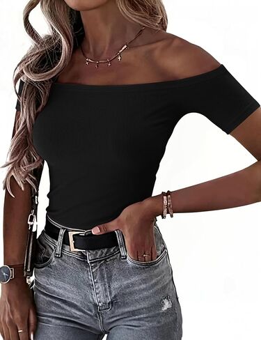 Sexy Off The Shoulder Tops for Women Summer Short Sleeve Shirts Ribbed Slim Fitted Trendy Going Out Tops in Kuwait