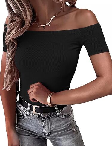 Sexy Off The Shoulder Tops for Women Summer Short Sleeve Shirts Ribbed Slim Fitted Trendy Going Out Tops in Kuwait