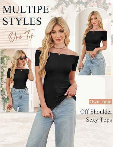 Sexy Off The Shoulder Tops for Women Summer Short Sleeve Shirts Ribbed Slim Fitted Trendy Going Out Tops in Kuwait