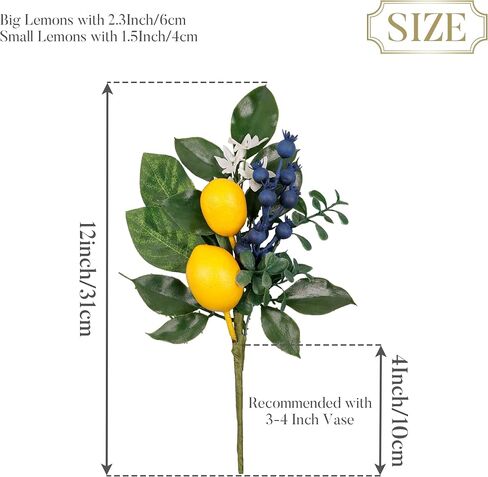 Valery Madelyn 4 Packs Spring Summer Picks with Lemons Blueberry Eucalyptus Leaves, Artificial Fruit Lemon Picks with Greenry, Summer Lemon Branches Decorations for Home Vase Kitchen Table Decor-12'' in Saudi Arabia