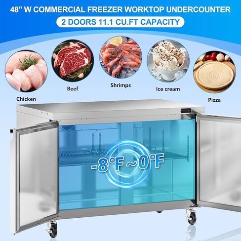 48 "W Commercial Freezer Worktop Freezer ، 11.1 Cu.ft Stainsal Steel Counter Fanning Fanning Fanning مع 2 أبواب للمطعم ، البار ، المتجر ، إلخ. in Kuwait
