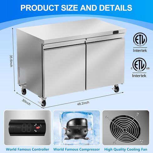 48 "W Commercial Freezer Worktop Freezer ، 11.1 Cu.ft Stainsal Steel Counter Fanning Fanning Fanning مع 2 أبواب للمطعم ، البار ، المتجر ، إلخ. in Kuwait