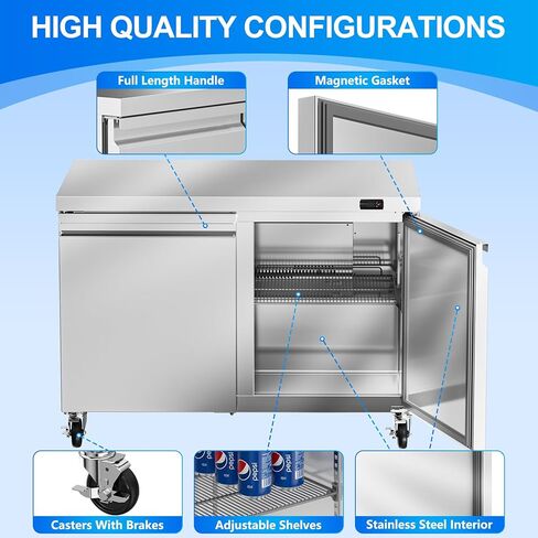 48 "W Commercial Freezer Worktop Freezer ، 11.1 Cu.ft Stainsal Steel Counter Fanning Fanning Fanning مع 2 أبواب للمطعم ، البار ، المتجر ، إلخ. in Kuwait