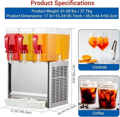 3-Tank 30L Commercial Beverage Dispenser with Mixer, 7.93 Gallon Stainless Steel Refrigerated Juice Dispenser Cold Drink Dispenser with Thermostat Control for Restaurant in Saudi Arabia