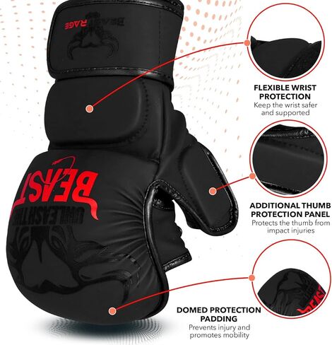 BEAST RAGE MMA Gloves for Men Women,Adjustable Wrist Support Open Palm Martial Arts Mitts Grappling Sparring for Muay Thai Cage Fighting Combat Taekwondo Kickboxing Boxing Training in Kuwait