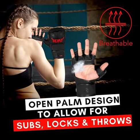 BEAST RAGE MMA Gloves for Men Women,Adjustable Wrist Support Open Palm Martial Arts Mitts Grappling Sparring for Muay Thai Cage Fighting Combat Taekwondo Kickboxing Boxing Training in Kuwait