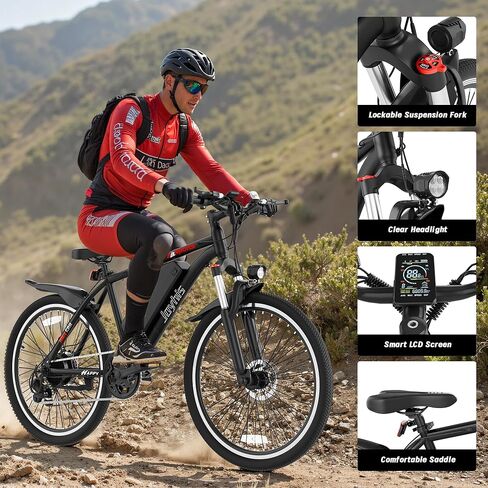 Electric Bike for Adults, 26'' Ebike, Up to 20-60 Miles 22MPH Electric Mountain Bike with 48V Removable Battery, Adjustable Stem, Fenders, Lockable Suspension Fork in Saudi Arabia
