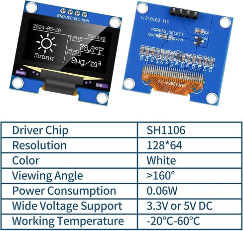 Makerfocus 5pcs 1.3 بوصة I2C IIC OLED MODULE 128 × 64 بكسل SH1106 لوحة عرض ذاتي الأذواق لأردوينو/توت العليق PI/ESP32 (محول مسبقًا ، أبيض) in Kuwait