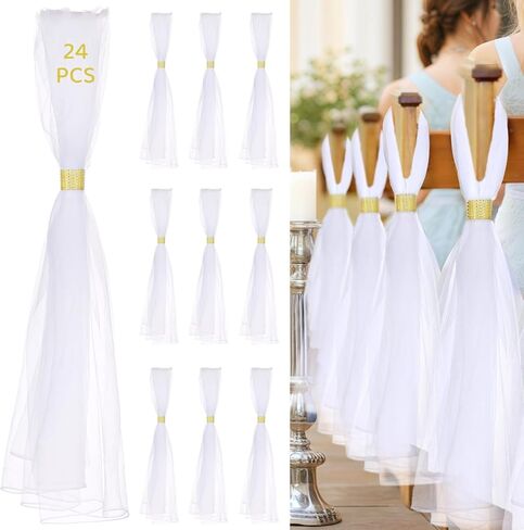 24 White Chiffon Wedding Chair Sashes with Golden Rhinestone Buckles, Elegant Aisle and Pew Chair Decorations, Ideal for Church and Beach Weddings in Saudi Arabia