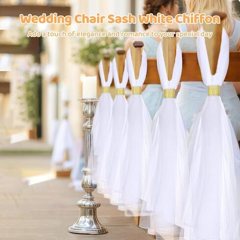 24 White Chiffon Wedding Chair Sashes with Golden Rhinestone Buckles, Elegant Aisle and Pew Chair Decorations, Ideal for Church and Beach Weddings in Saudi Arabia