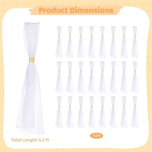24 White Chiffon Wedding Chair Sashes with Golden Rhinestone Buckles, Elegant Aisle and Pew Chair Decorations, Ideal for Church and Beach Weddings in Saudi Arabia
