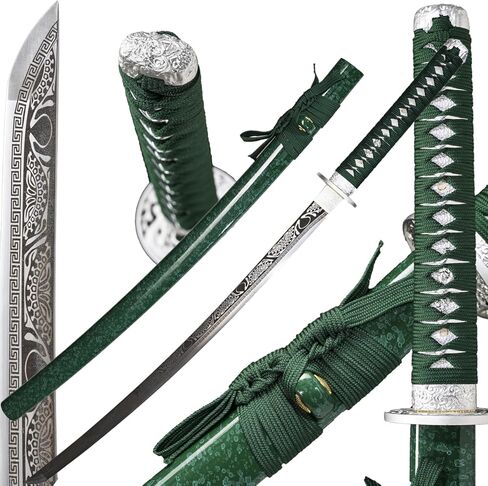 Kamaiwo-1045/1060 Clay Tempering high Carbon Steel Hademade Heat Tempered Full Handmade Hand Forged Japanese Katana Authentic ，Full Tang,Functional,Practical Green in Saudi Arabia