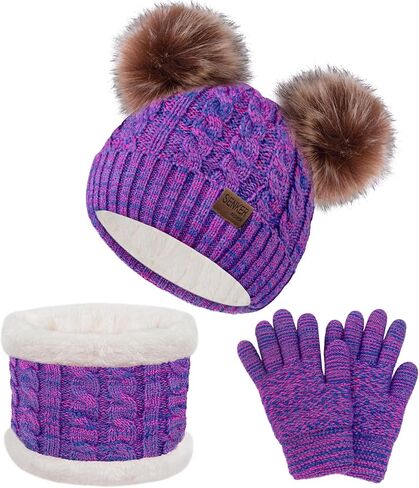 3 Pcs Kids Winter Beanie Hat Scarf Gloves Set for Girls Boys Knit Warm Pompom Toddler Hats Mittens Neck Warmer in Saudi Arabia