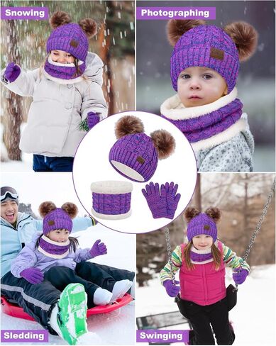 3 Pcs Kids Winter Beanie Hat Scarf Gloves Set for Girls Boys Knit Warm Pompom Toddler Hats Mittens Neck Warmer in Saudi Arabia