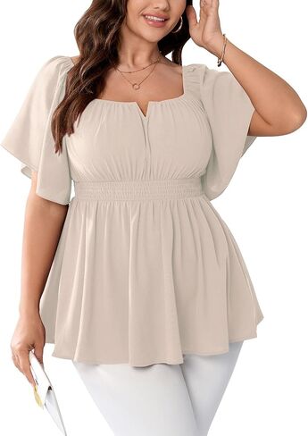 SCOMCHIC Womens Plus Size Peplum Tops Off The Shoulder Blouses Smocked Ruffle Babydoll Summer Top in Kuwait