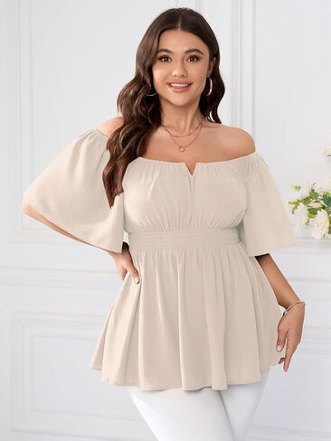 SCOMCHIC Womens Plus Size Peplum Tops Off The Shoulder Blouses Smocked Ruffle Babydoll Summer Top in Kuwait