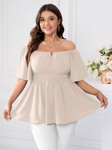 SCOMCHIC Womens Plus Size Peplum Tops Off The Shoulder Blouses Smocked Ruffle Babydoll Summer Top in Kuwait