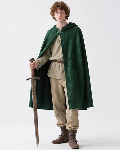 L'VOW Medieval Hobbit Cloak Renaissance Elf Hooded Cape Lord of The Rings Velvet Green Cloak with Hood in Saudi Arabia