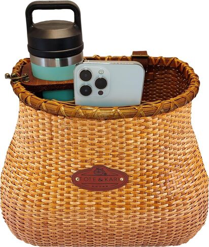 Tote & Kari Bike Basket for Women Beach Cruiser or Scooter The Original Wicker Bicycle Baskets with Built in Cup Holder for Front Handlebar-Classic Vintage Style Handmade in Saudi Arabia