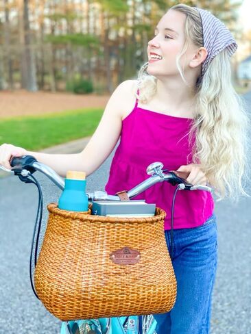 Tote & Kari Bike Basket for Women Beach Cruiser or Scooter The Original Wicker Bicycle Baskets with Built in Cup Holder for Front Handlebar-Classic Vintage Style Handmade in Saudi Arabia