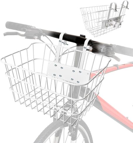 Bike Basket Front | Stainless Steel Front Basket for E-Bike & Electric Scooter-with Fixed Holder and Two Hooks | Easy Handlebar/Head Tube Installation | Bike Basket for Commuting & Shopping in Saudi Arabia