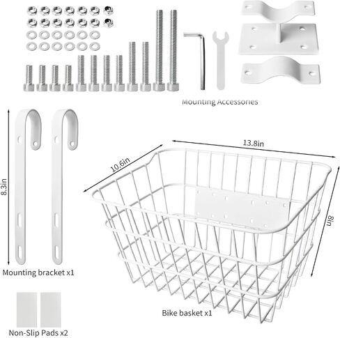Bike Basket Front | Stainless Steel Front Basket for E-Bike & Electric Scooter-with Fixed Holder and Two Hooks | Easy Handlebar/Head Tube Installation | Bike Basket for Commuting & Shopping in Saudi Arabia