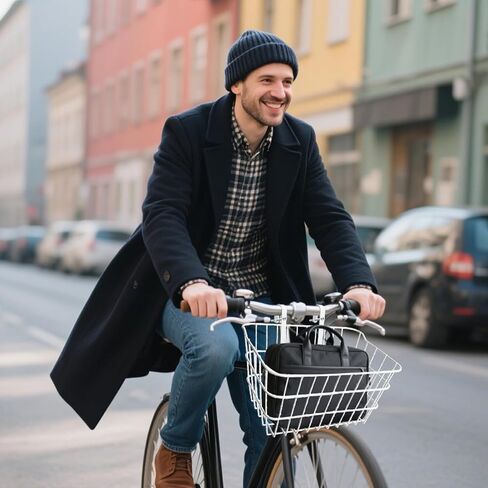 Bike Basket Front | Stainless Steel Front Basket for E-Bike & Electric Scooter-with Fixed Holder and Two Hooks | Easy Handlebar/Head Tube Installation | Bike Basket for Commuting & Shopping in Saudi Arabia