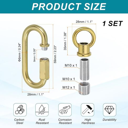 PATIKIL M10 Fine Thread Lamp Female Loop Holder with M12 Adapter Chain Quick Link, Lifting Eye Nut Hook Ring Structural Support to Chandelier, 132 lbs Load Copper in Kuwait