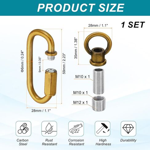 PATIKIL M10 Fine Thread Lamp Female Loop Holder with M12 Adapter Chain Quick Link, Lifting Eye Nut Hook Ring Structural Support to Chandelier, 132 lbs Load Copper in Kuwait