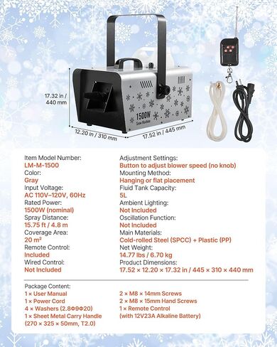 VEVOR Snow Machine, 1500W Handheld/Hanging Snow Maker By Wireless Remote Control, Portable Snowmaking Machine, High Output Snowflake Maker with 5L Tank for Christmas Party Wedding Stage Effects in Kuwait