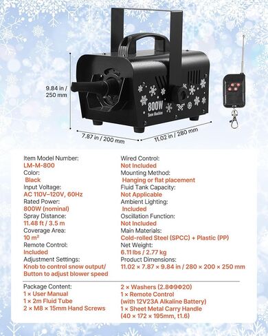 VEVOR Snow Machine, 800W Handheld/Hanging Snow Maker, Portable Wireless Remote Snowmaking machine with 1L Tank & Handle, Outdoor & Indoor Snowflake Maker for Christmas Party Stage Effect in Kuwait