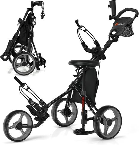 عربة دفع GOPLUS 3 Wheel Golf Golf ، عربة CADDY خفيفة الوزن قابلة للطي مع مقعد قابل للتعديل ، مقبض ، حامل مظلة ، فرامل القدم ، عربة غولف لأكياس الجولف ، عربة سحب الجولف القابلة للطي للرجال نساء in Kuwait