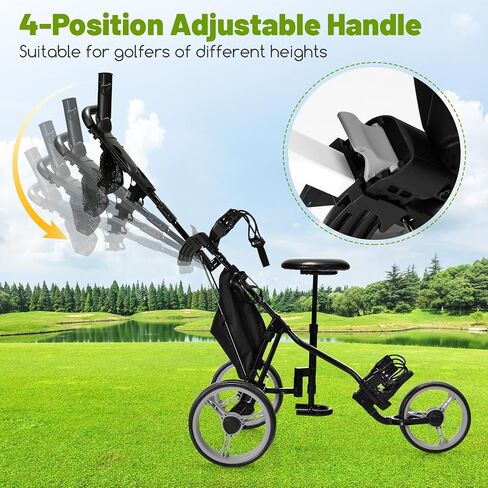 عربة دفع GOPLUS 3 Wheel Golf Golf ، عربة CADDY خفيفة الوزن قابلة للطي مع مقعد قابل للتعديل ، مقبض ، حامل مظلة ، فرامل القدم ، عربة غولف لأكياس الجولف ، عربة سحب الجولف القابلة للطي للرجال نساء in Kuwait