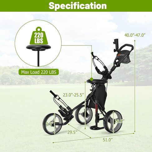 عربة دفع GOPLUS 3 Wheel Golf Golf ، عربة CADDY خفيفة الوزن قابلة للطي مع مقعد قابل للتعديل ، مقبض ، حامل مظلة ، فرامل القدم ، عربة غولف لأكياس الجولف ، عربة سحب الجولف القابلة للطي للرجال نساء in Kuwait
