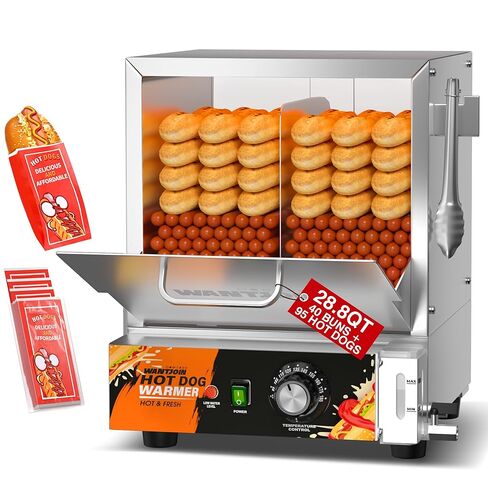 WantJoin Hot Dog Steamer Machine - 28.8QT Commercial Electric Hotdog Machine with Bun Warmer Hotdogs Buns Warmer Stainless Steel Tempered Glass Steamer Machine for 160-175 Sausages & 30-40 Buns in Saudi Arabia