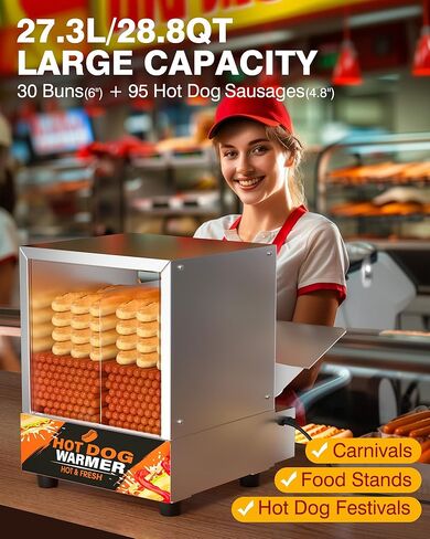 WantJoin Hot Dog Steamer Machine - 28.8QT Commercial Electric Hotdog Machine with Bun Warmer Hotdogs Buns Warmer Stainless Steel Tempered Glass Steamer Machine for 160-175 Sausages & 30-40 Buns in Saudi Arabia