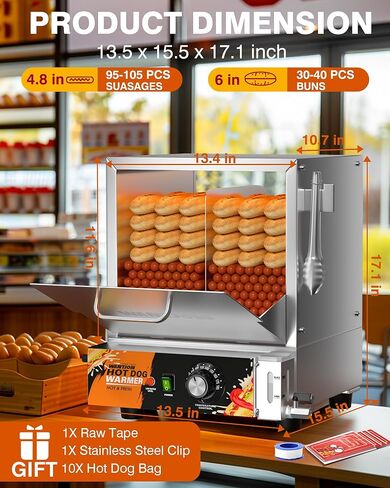 WantJoin Hot Dog Steamer Machine - 28.8QT Commercial Electric Hotdog Machine with Bun Warmer Hotdogs Buns Warmer Stainless Steel Tempered Glass Steamer Machine for 160-175 Sausages & 30-40 Buns in Saudi Arabia