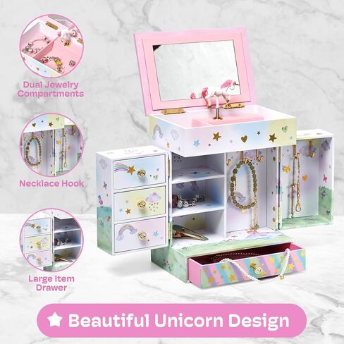 Jewelkeeper Kids Jewelry Box - Unicorn Theme - Musical Jewelry Box with Drawers - Artificial Wood Material - Includes Fancy Mirror and Twirling Figurine - Perfect for Girls in Saudi Arabia