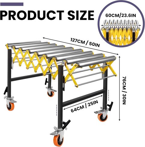 Expandable Conveyor Roller 888 LBS Capacity, Length 23.5''-51.5'' Height 30''-50'' Expandable Conveyor Roller with Wheels, 23.4'' Wide Roller Conveyor Belt for Woodworking Planer Table Saw in Saudi Arabia