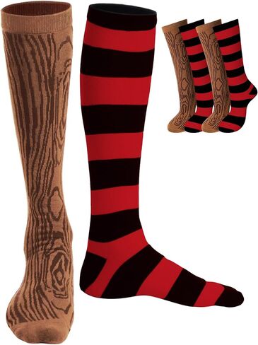 2 Pair Pirate Costume Accessories Wood Grain Pattern and Black and White Stripes Peg Leg Socks for Adults Women Men Halloween Cosplay Party in Saudi Arabia