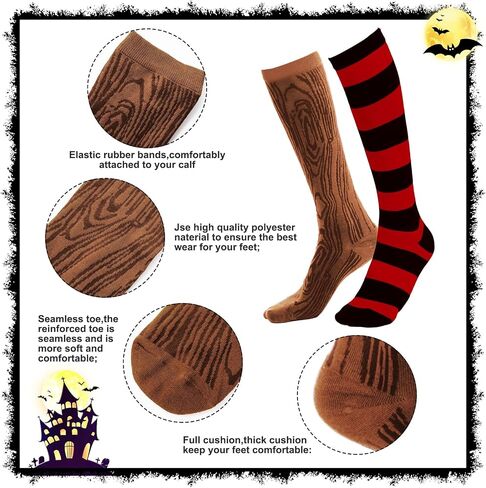2 Pair Pirate Costume Accessories Wood Grain Pattern and Black and White Stripes Peg Leg Socks for Adults Women Men Halloween Cosplay Party in Saudi Arabia