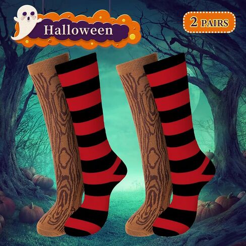 2 Pair Pirate Costume Accessories Wood Grain Pattern and Black and White Stripes Peg Leg Socks for Adults Women Men Halloween Cosplay Party in Saudi Arabia