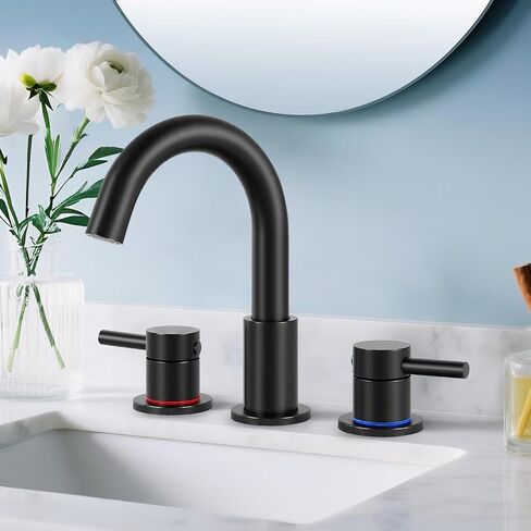 Bathroom Faucet 3 Hole, Matte Black Bathroom Sink Faucet with Pop Up Drain, 8 inch Widespread Bathroom Faucet with 360° Swivel Spout, 2 Handle Vanity Faucet with Water Supply Hoses in Saudi Arabia