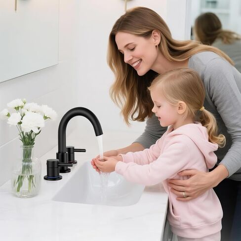 Bathroom Faucet 3 Hole, Matte Black Bathroom Sink Faucet with Pop Up Drain, 8 inch Widespread Bathroom Faucet with 360° Swivel Spout, 2 Handle Vanity Faucet with Water Supply Hoses in Saudi Arabia