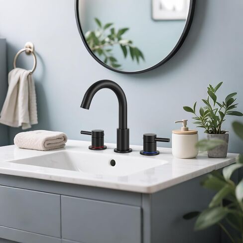 Bathroom Faucet 3 Hole, Matte Black Bathroom Sink Faucet with Pop Up Drain, 8 inch Widespread Bathroom Faucet with 360° Swivel Spout, 2 Handle Vanity Faucet with Water Supply Hoses in Saudi Arabia