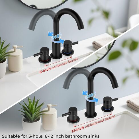 Bathroom Faucet 3 Hole, Matte Black Bathroom Sink Faucet with Pop Up Drain, 8 inch Widespread Bathroom Faucet with 360° Swivel Spout, 2 Handle Vanity Faucet with Water Supply Hoses in Saudi Arabia