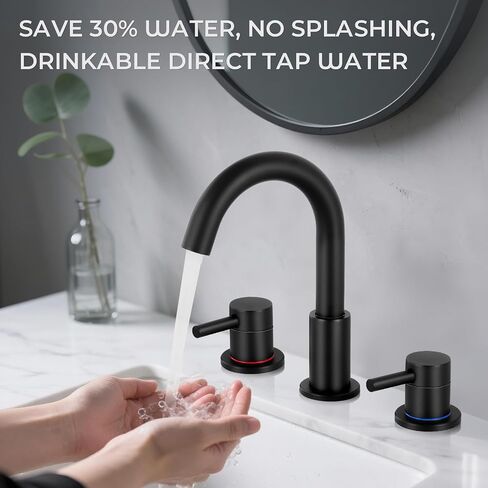 Bathroom Faucet 3 Hole, Matte Black Bathroom Sink Faucet with Pop Up Drain, 8 inch Widespread Bathroom Faucet with 360° Swivel Spout, 2 Handle Vanity Faucet with Water Supply Hoses in Saudi Arabia